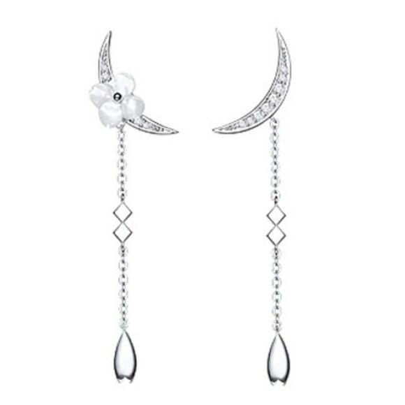 Silver Crescent Earrings Crystal Pearl Flower - Picture 5 of 7